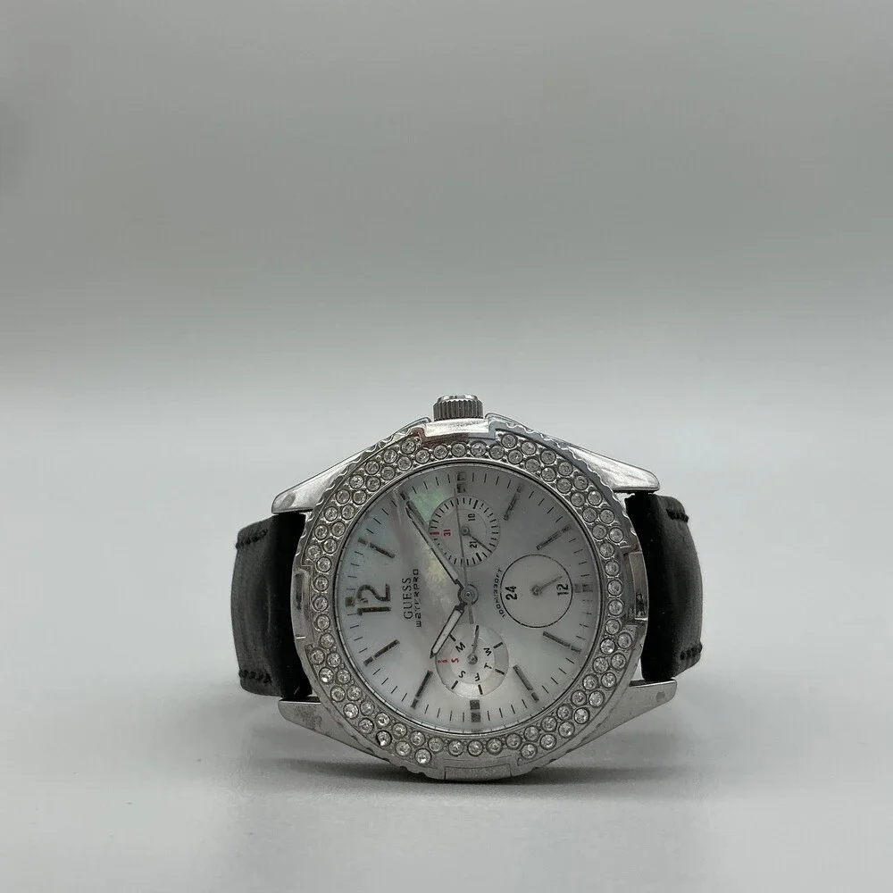 Guess Waterpro Womens Watch 38mm MOP Dial Black Leather Crystals New Battery